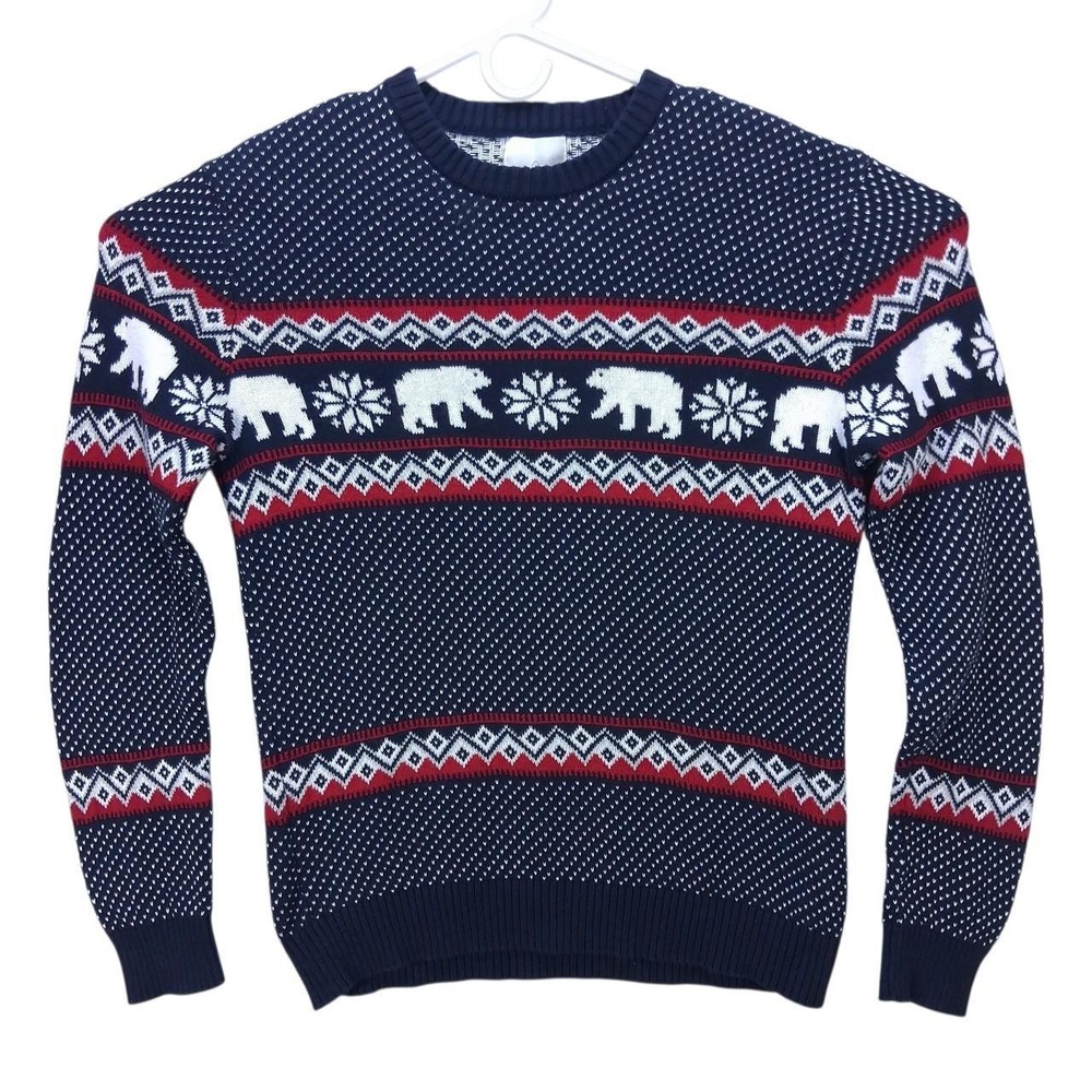 Aspen Mens Fair Isle Polar Bear Knit Sweater Navy Blue Red White Large